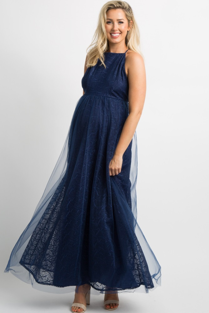 Navy Blue Tulle Overlay Embroidered Maternity Evening Gown | PinkBlush Maternity