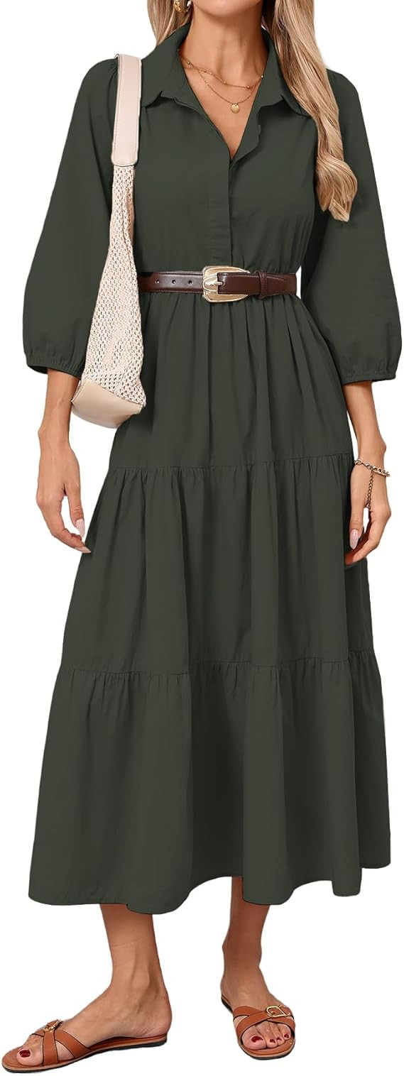 Women Button Down Maxi Shirt Dress Long Sleeve Flowy Tiered Collared Dresses with Pockets | Amazon (US)