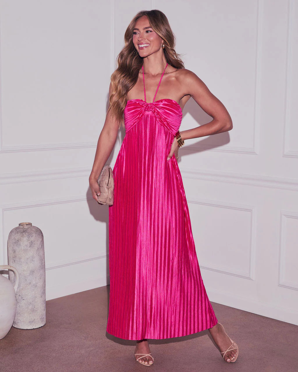 Raise A Toast Satin Plisse Halter Maxi Dress | VICI