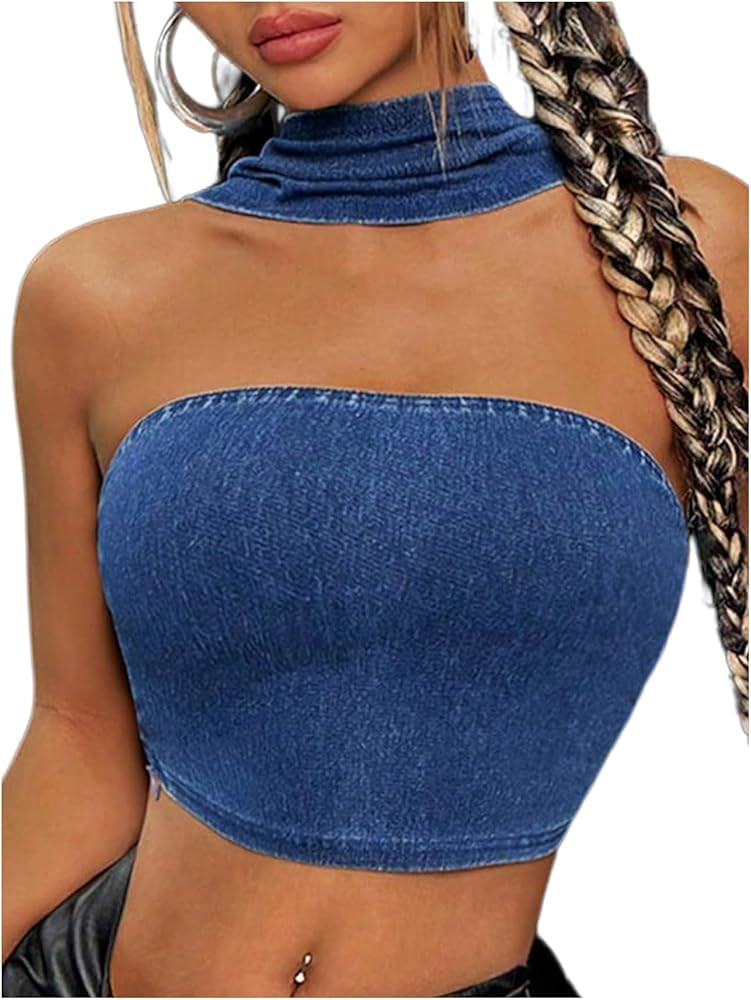 Milumia Women Sexy Denim Top Y2k Sleeveless Slim Fitted Crop Halter Tops Streetwear | Amazon (US)