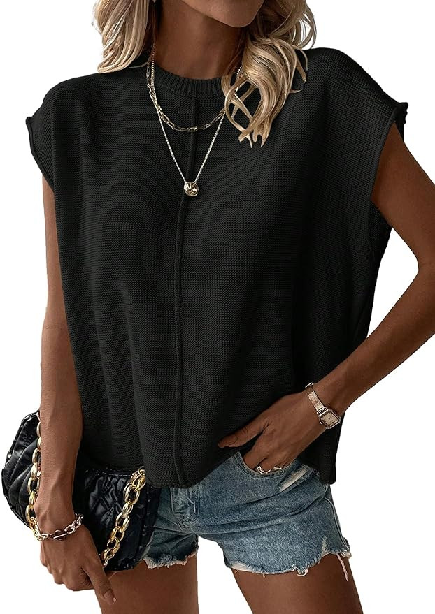 Milumia Women's Casual Cap Sleeve Crew Neck Pullover Sweater Vest Loose Fit Knit Tops | Amazon (US)