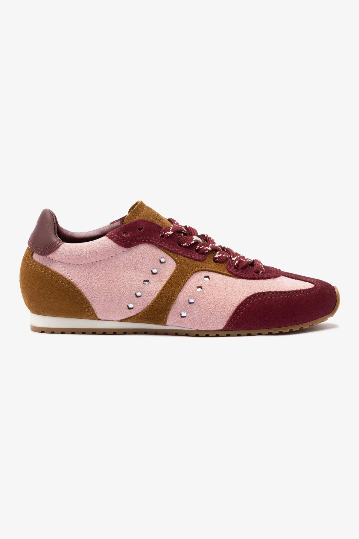 Stella Sneaker In Tulip, Russet and Wine Suede and Silver Metallic Leather | Larroude