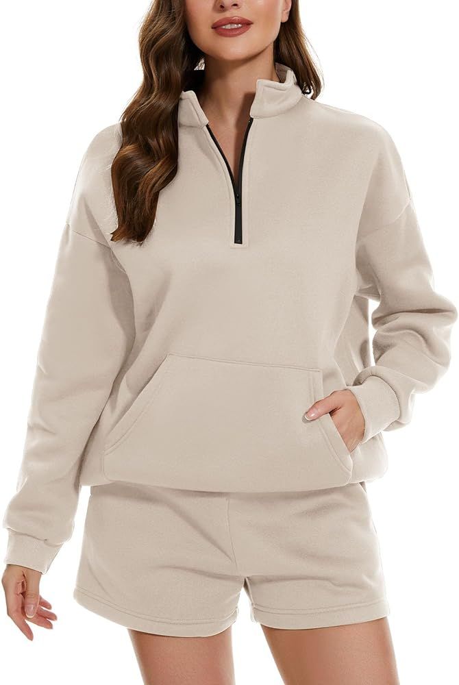 Kissonic Women 2 Piece Lounge Sets Oversized Sweatsuits Fleece Half Zip Sweatshirts Casual Short ... | Amazon (US)