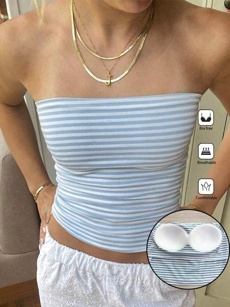 SHEIN PETITE Women Striped Strapless Crop Top, Fitted And Versatile | SHEIN