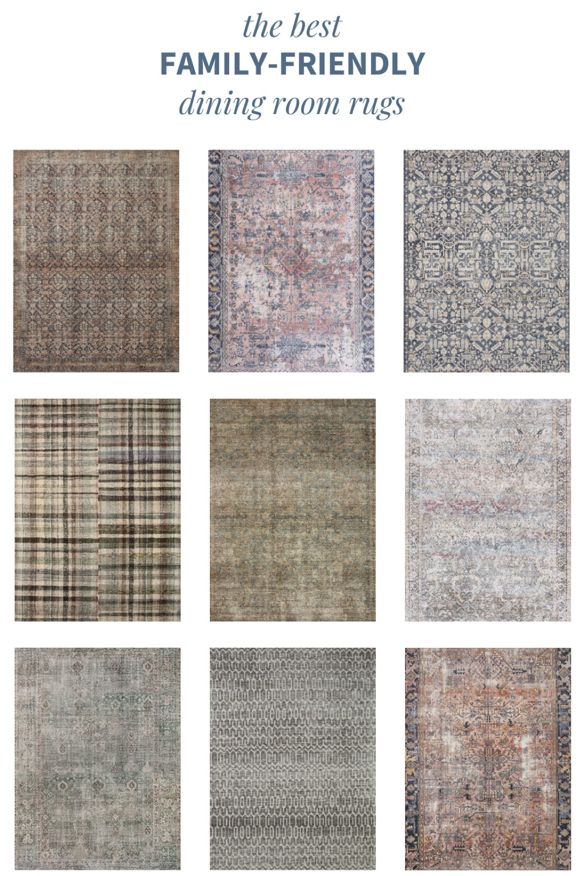 Rounded up a set of family-friendly dining room rugs!

If you’re on “team dining room rug,” I’d suggest going for…
- darker colors
- busy patterns
- durable materials like polypropylene and wool
- one that’s not too expensive

More on picking the right one on the blog!