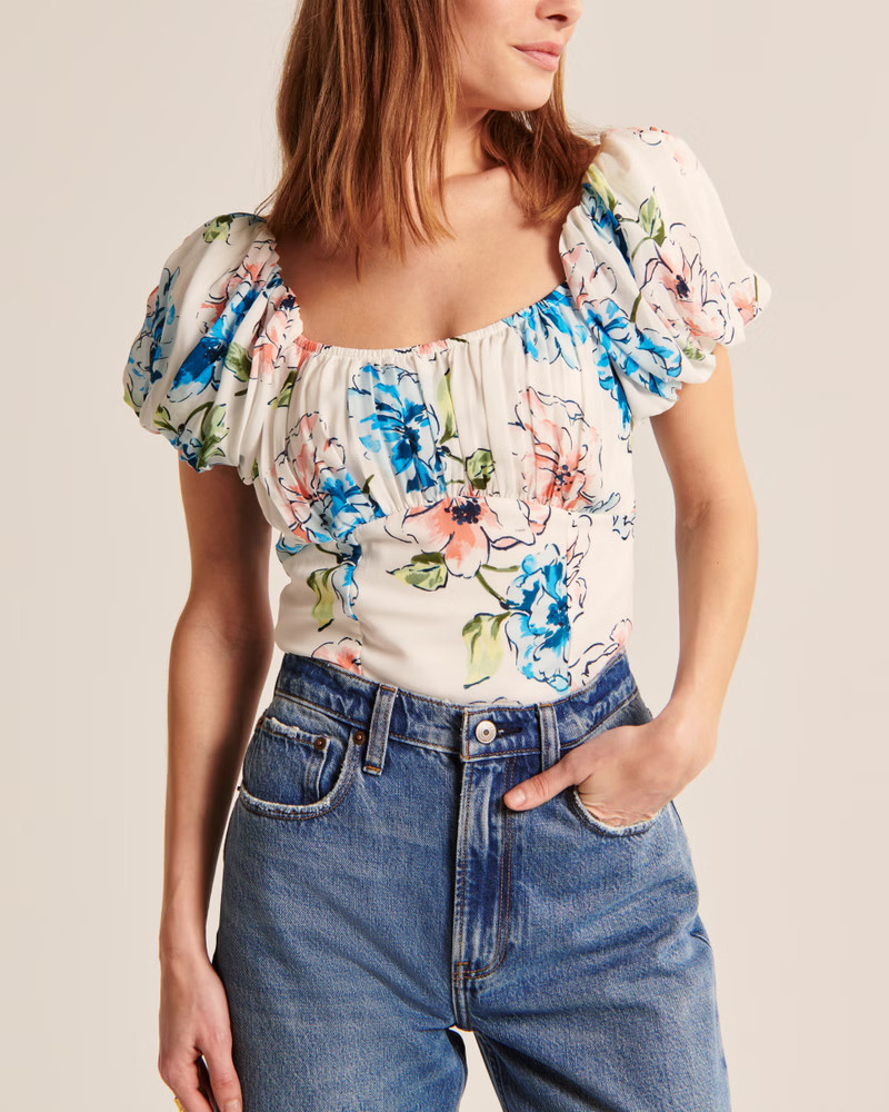 Women's Ruched Puff Sleeve Scoopneck Top | Women's Clearance | Abercrombie.com | Abercrombie & Fitch (US)