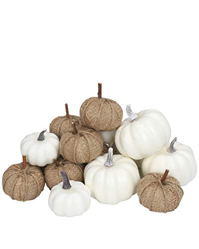 vensovo Fabric and White Pumpkins Assorted Size - 16PCS White Pumpkins and Burlap Pumpkins for Ru... | Amazon (US)