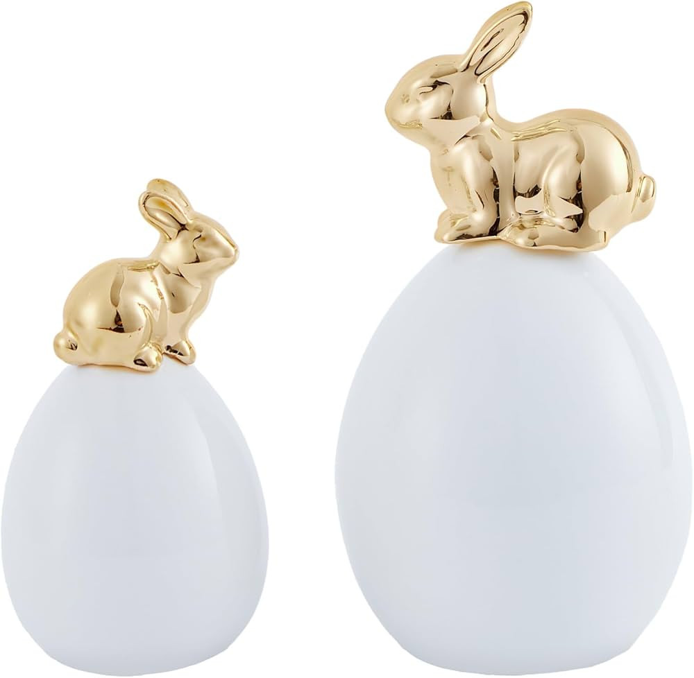 DN DECONATION Easter Bunny Decorations, 2 Pcs Cute Gold Rabbit Sit on White Eggs Figurines for Sp... | Amazon (US)