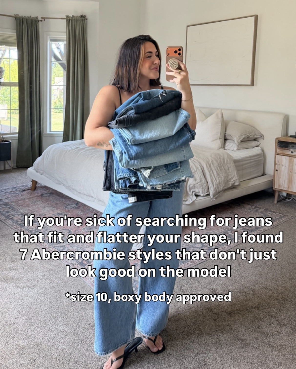 Abercrombie major denim sale! Add stackable code: DENIMAF for extra $$ off! 
Jeans in order (size 30 regular in all) 
1. low rise ultra loose (medium wash) 
2. low rise ultra loose (washed black) 
3. low rise ultra loose (dark cuff) 
4/5. high rise barrel (light) 
6. high rise wide leg 
7. curve love high rise 90s relaxed

#LTKSaleAlert #LTKSeasonal #LTKMidsize