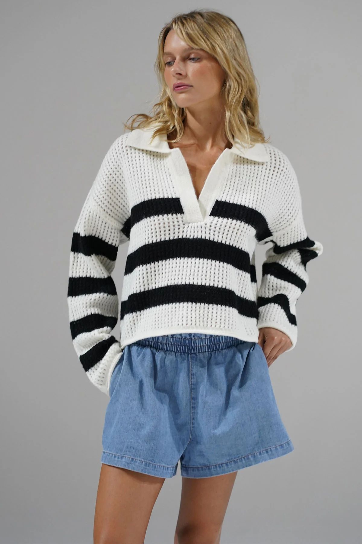 LNA Ari Stripe Sweater in Ivory Black Stripe | LNA Clothing