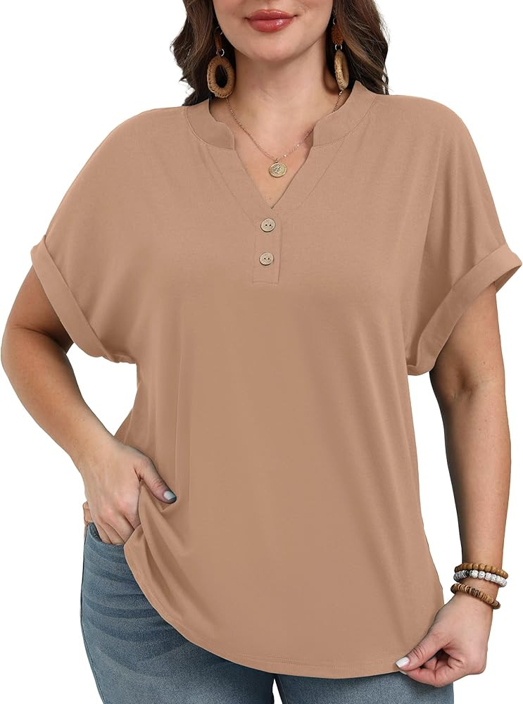 OLRIK Womens Plus Size Tops Short Sleeve Henley Tops V Neck Dressy Casual Blouses Summer Vacation... | Amazon (US)