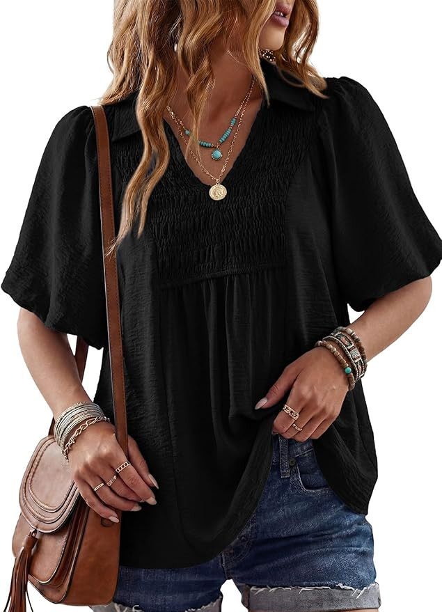 Astylish Womens Dressy Smocked V Neck Babydoll Peplum Tops Summer Puff Sleeve Cute Elegant Ruffle... | Amazon (US)