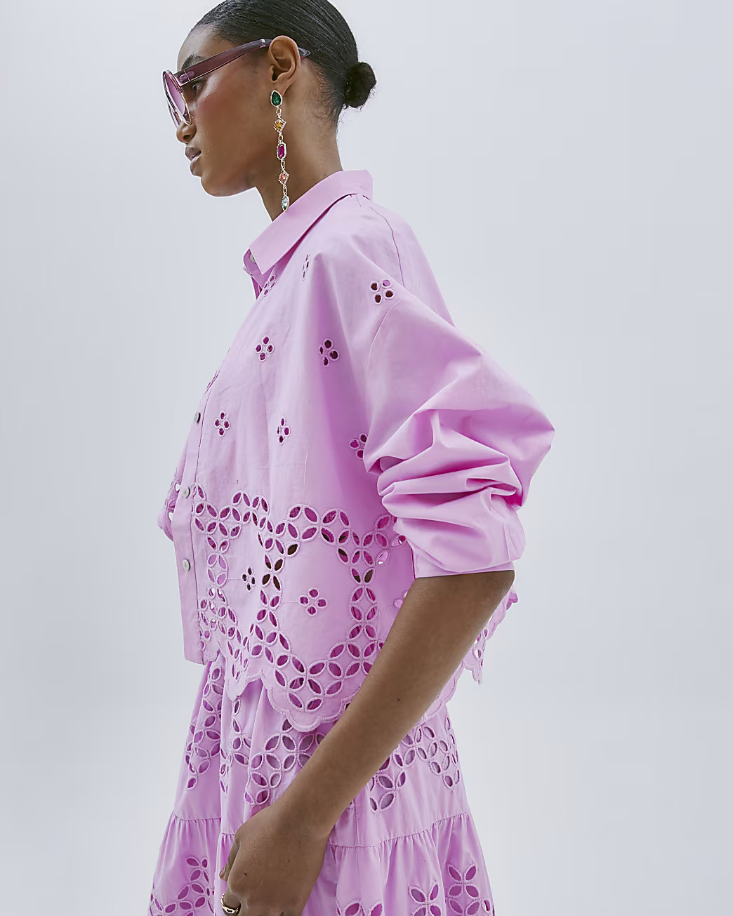 Pink Long Sleeve Cropped Broderie Shirt | River Island UK & IE