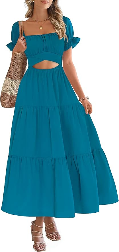 Mokayee Womens Summer Short Sleeve Ruffle Tiered Square Neck A Line Cutout Flowy Vacation Beach M... | Amazon (US)