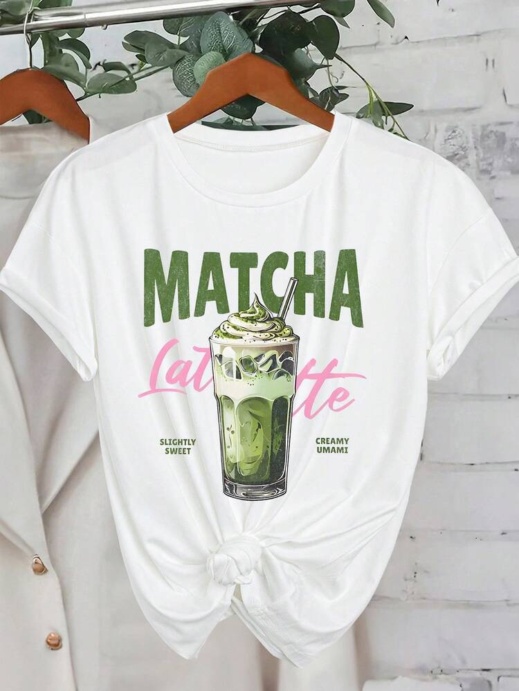 Women's Matcha Lover Letter & Drink Print Round Neck Short Sleeve T-Shirt | SHEIN