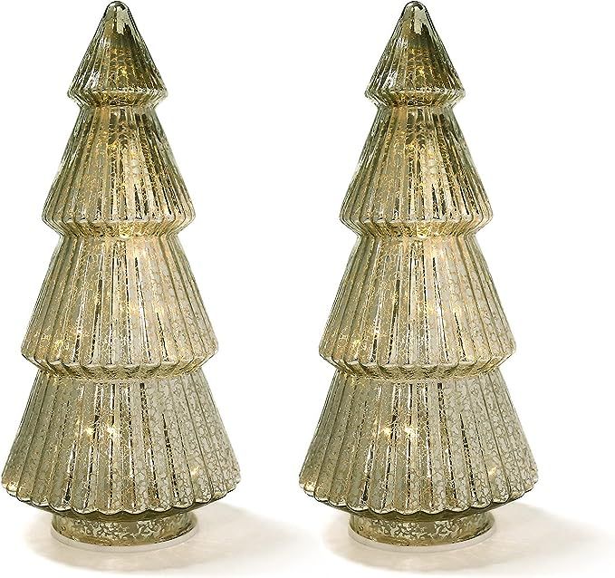 Yimiyaa 2PCS Christmas Ornaments Set Tower Shaped Glass Xmas Tree with LED Lights, Four Storey Cl... | Amazon (US)