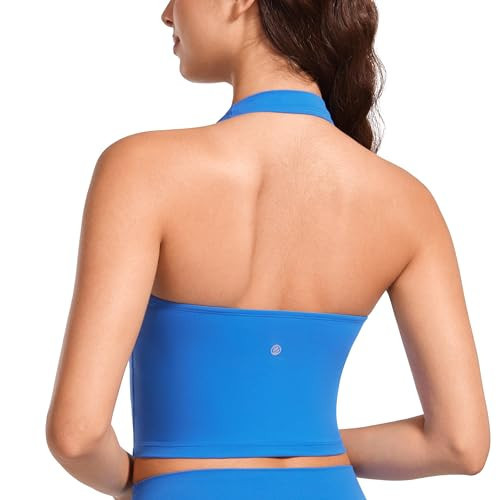 CRZ YOGA Womens Butterluxe Halter Longline Sports Bra - Padded Workout Yoga Crop Tops Tanks with Built in Pads Sparkle Blue XX-Small | Amazon (US)