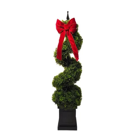 My Texas House Christmas Boxwood Swirl Topiary with Red Bow, 45", | Walmart (US)