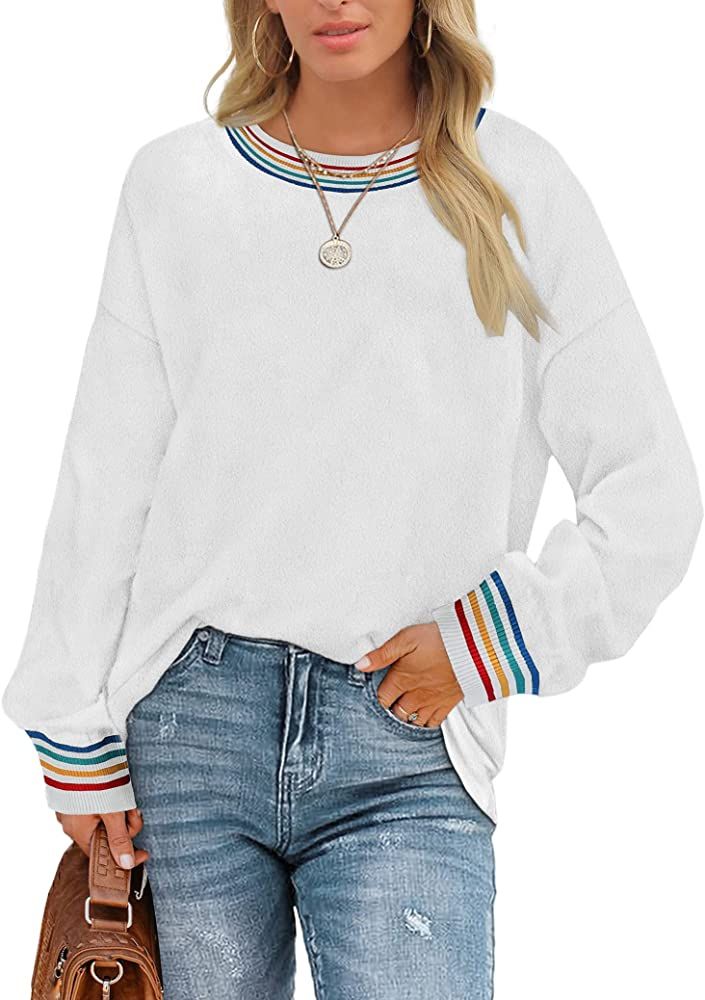 WIHOLL Womens Sweaters Crewneck Long Sleeve Rainbow Striped Plain Fuzzy Sweatshirts Tops | Amazon (US)