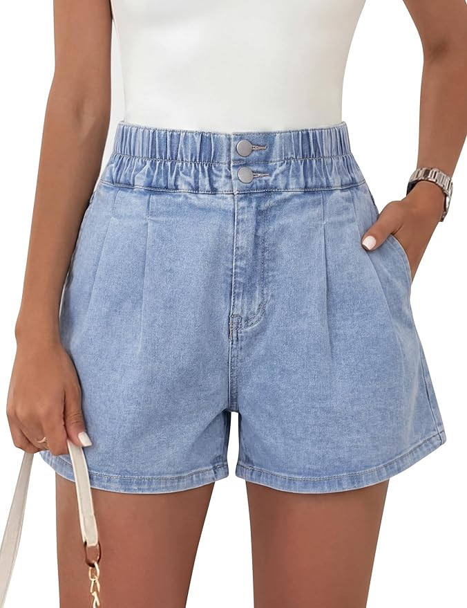 Women's Denim Shorts Summer Baggy Elastic High Waisted Wide Leg Jean Shorts with Pockets Trendy 2... | Amazon (US)