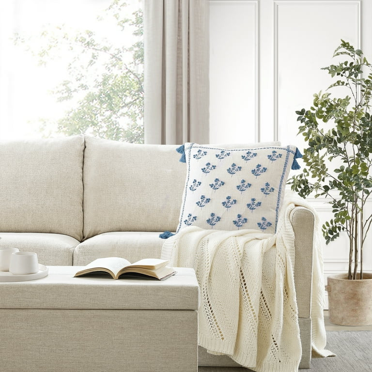 Better Homes & Gardens, Blue Block Print Floral Throw Pillow, Square, 20" x 20", 1 Piece | Walmart (US)