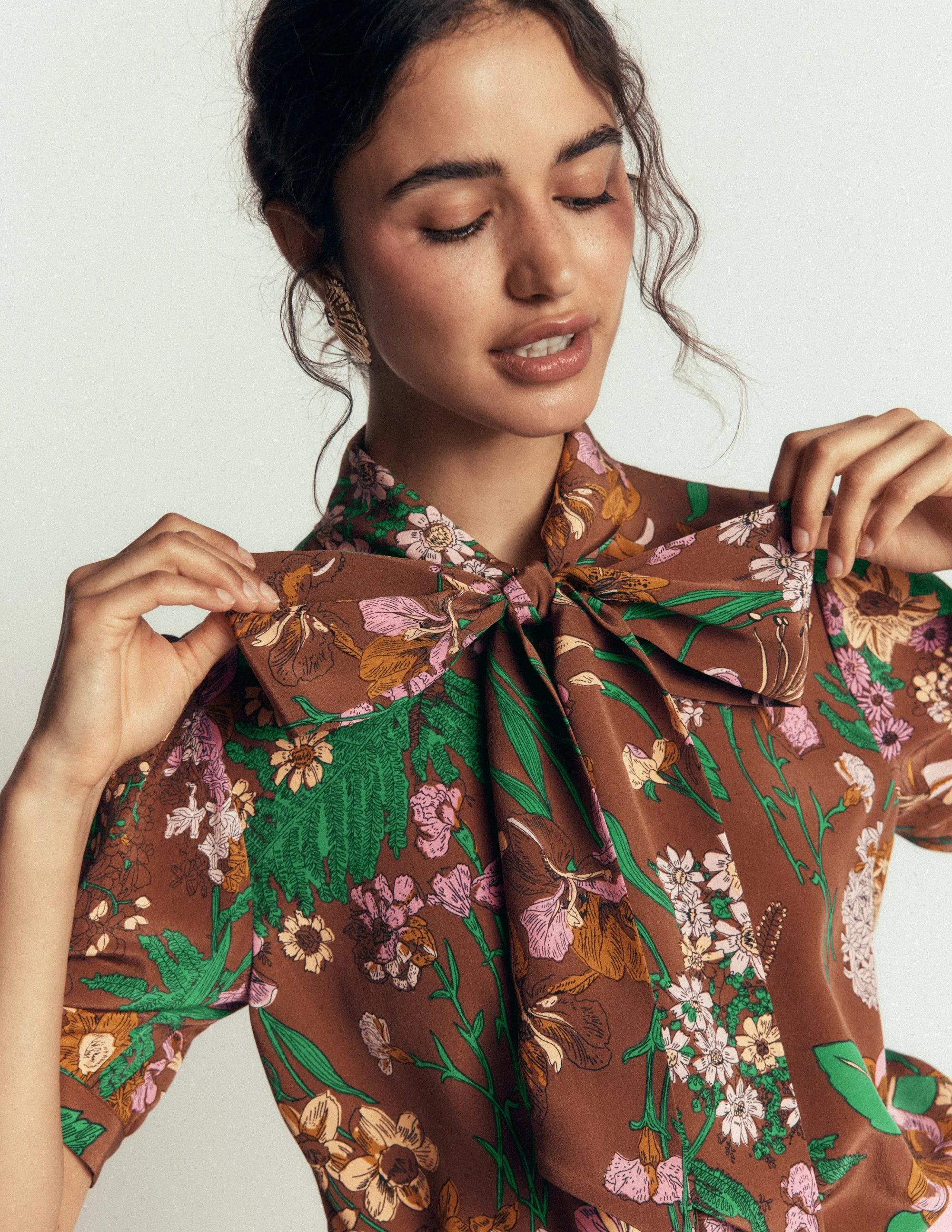 Tie Neck Silk Top-Woodland, Whimsical Flora | Boden (US)