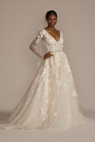 Illusion Sleeve Plunging Ball Gown Wedding Dress | Davids Bridal