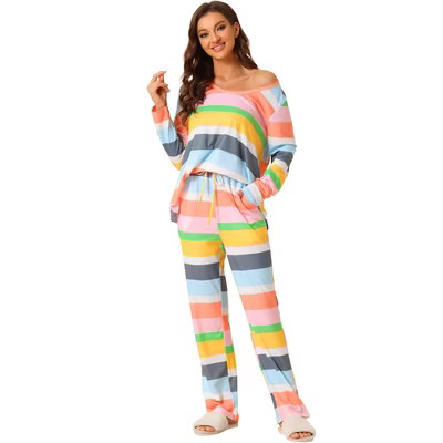 cheibear Women's Cotton Rainbow-Stripe Long Sleeves Lounge with Pants Pajama Set | Target