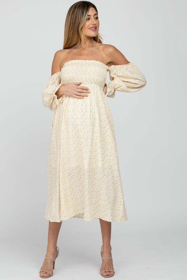 Yellow Ditsy Floral Smocked Off Shoulder Maternity Dress | PinkBlush Maternity