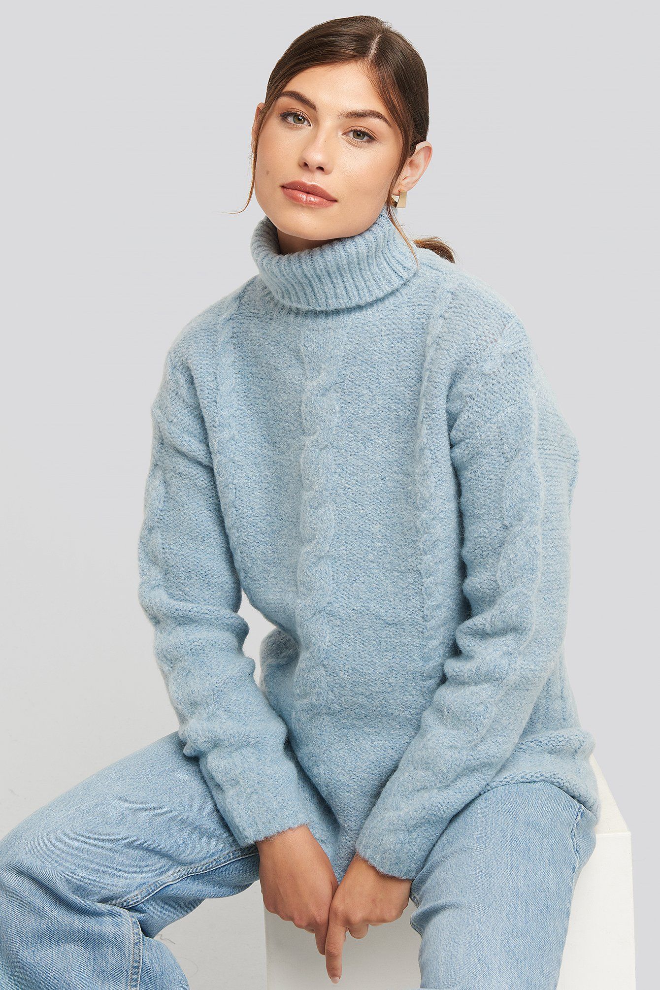 Wool Blend Cable Knitted Sweater Blau | NA-KD DE, AT, CH
