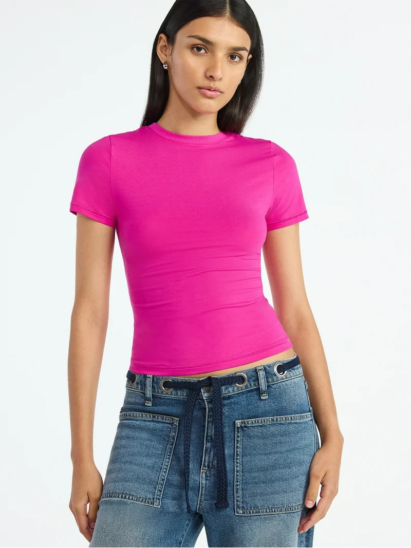 Scoop Women’s and Women’s Plus Stretch Cotton Blend Baby Tee with Short Sleeves, XS-4X | Walmart (US)