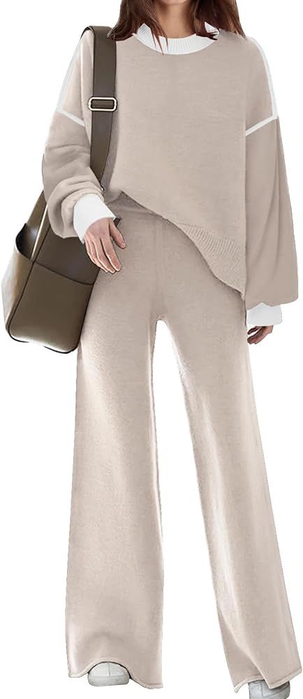 Disamer Womens 2 Piece Outfits Sweater Set Long Sleeve Knit Pullover Sweater Top Wide Leg Pants L... | Amazon (US)