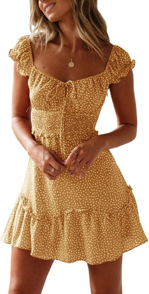 Valphsio Womens Smocked Dress Ruffle Floral Tie Front Boho Short Dresses | Amazon (US)