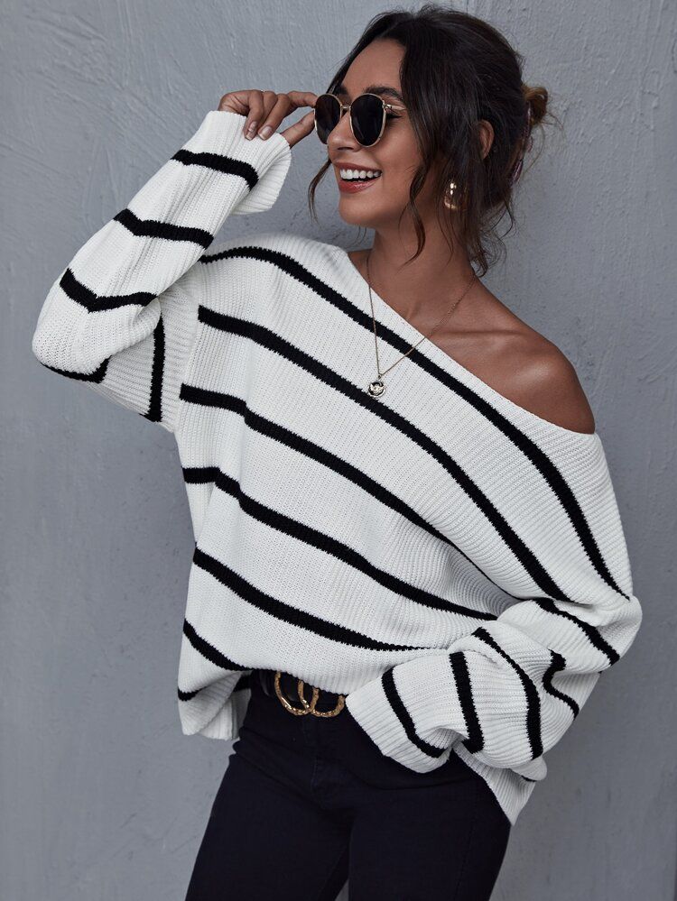 SHEIN Boat Neck Drop Shoulder Striped Sweater | SHEIN