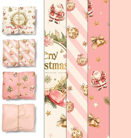 NICROHOME EUR 24 Sheets Christmas Tissue Paper, Pink Tissue Wrapping paper with Bow bell Santa Cl... | Amazon (US)