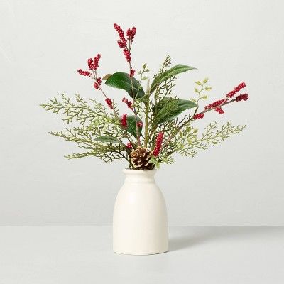 12" Faux Cedar & Magnolia Leaf with Winterberries Christmas Arrangement - Hearth & Hand™ with M... | Target