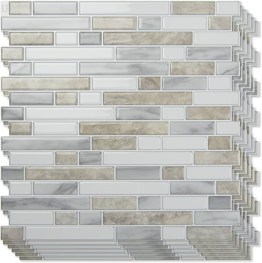 Art3d Linear Design Tile Peel and Stick Backsplash, 10-Sheet, Beige & White | Amazon (US)