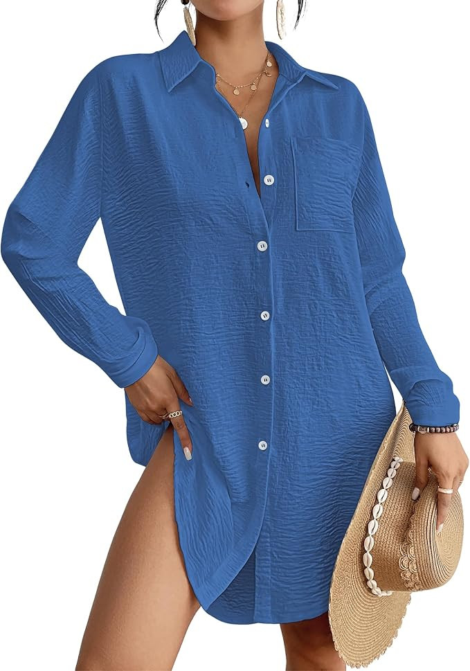 Bsubseach Swimsuit Coverup for Women Button Down Beach Cover Ups Long Sleeve Shirt Dress Modern B... | Amazon (US)