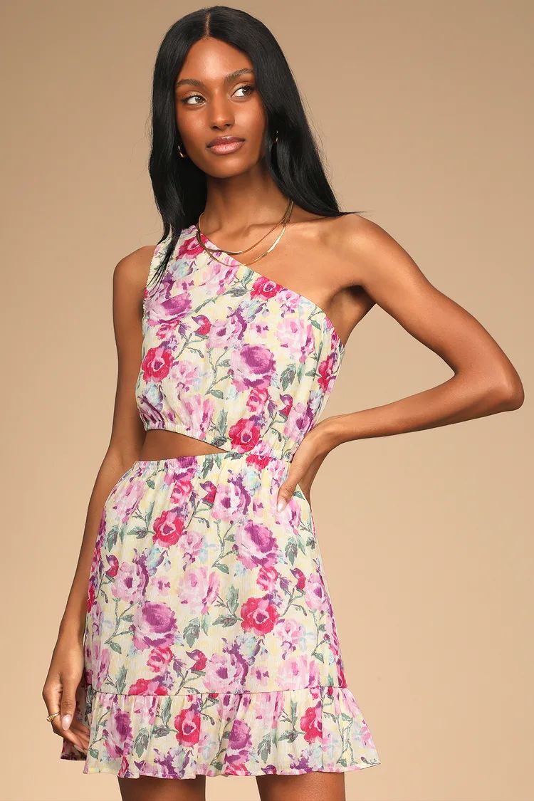 Beauty and Blooms Yellow Floral Cutout One-Shoulder Mini Dress | Lulus (US)