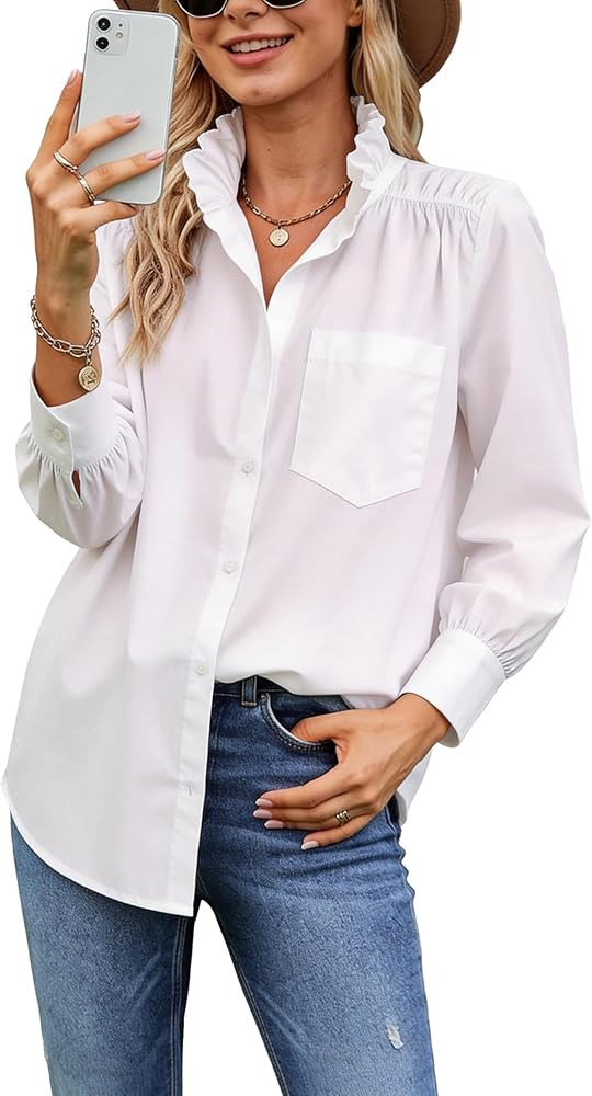 Womens Roll Up Shirt Button Down Shirt Ruffled Collar Casual Loose Blouses Tops Spring Fall Tops | Amazon (US)