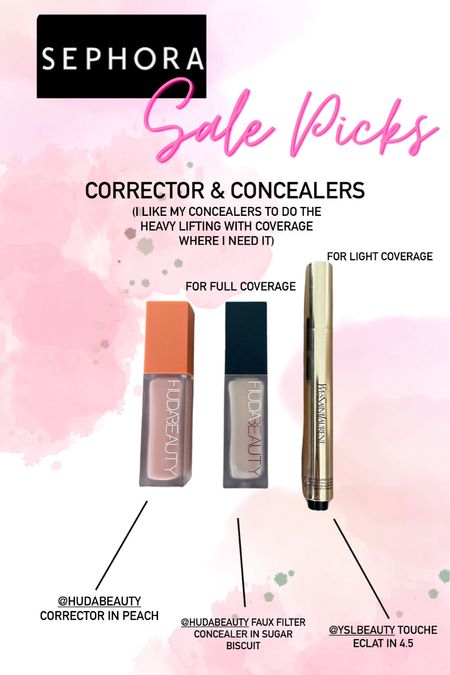 @sephora sale picks concealers 
@hudabeauty corrector in peach 
@hudabeauty faux filter concealer in sugar biscuit 
@yslbeaury touche eclat in 4.5

#LTKbeauty #LTKxSephora #LTKfindsunder100