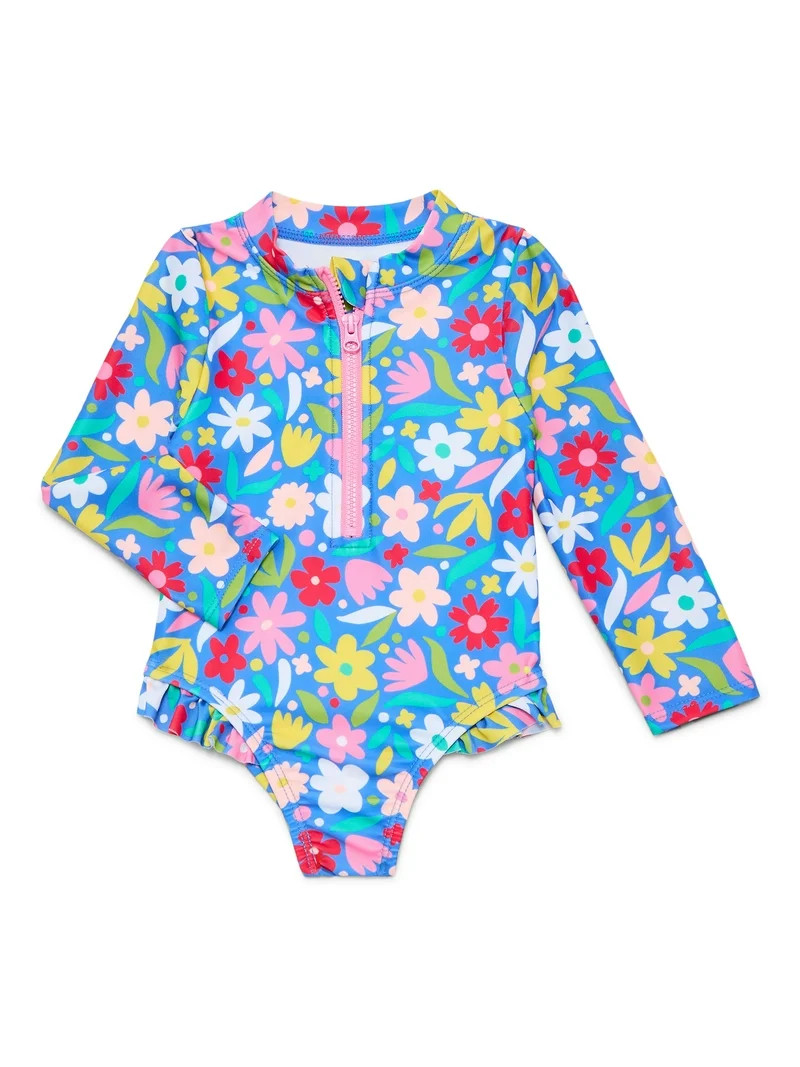 Wonder Nation Toddler Girl Long- Sleeve Zip Rash Guard Swimsuit, Sizes 12M-5T | Walmart (US)