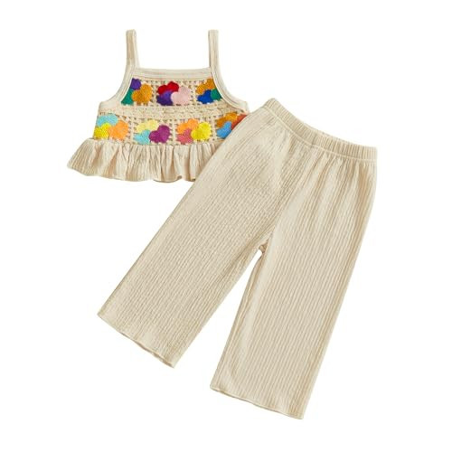 Baby Girl Outfits Crocheted Ruffled Camisole And Elastic Pants Set 6 12 18 24 Months 2 3 4 T (Apricot heart, 2-3T) | Amazon (US)