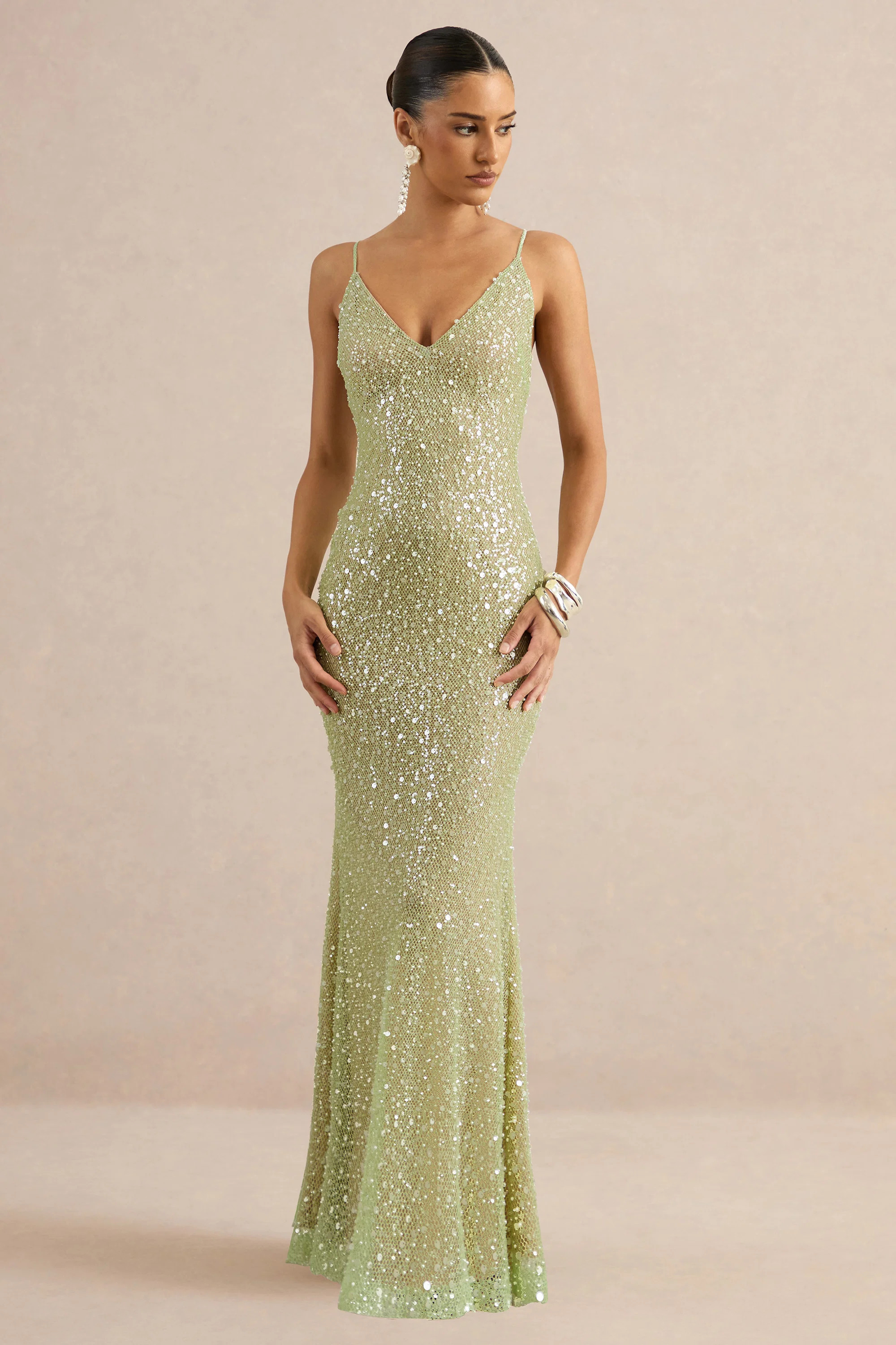 Minna | Sage Sheer Sequin Plunge-Neck Maxi Dress | Club L London