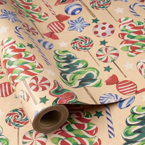 RUSPEPA Christmas Wrapping Paper Roll for Boys Girls, Mini Roll, Candy Tree, Star, Candy Cane and Holiday Treat Design, Kraft Gift Wrap for Christmas, Holiday Parties, 17 Inches x 16.4 Feet | Amazon (US)