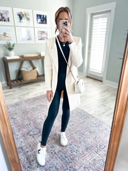 Travel outfit. Neutral outfit. Spring outfit. Airplane outfit. Spanx faux leather leggings (XSP). Amazon coatigan (small, color ‘apricot). Veja Esplar sneakers. Gucci Marmont small shoulder bag. 

#LTKshoecrush #LTKtravel #LTKunder100