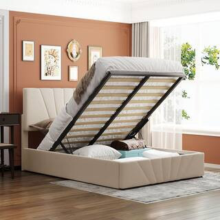 57.4 in. W Beige Full Linen Upholstered Wood Frame Platform Bed with a Hydraulic Storage System | The Home Depot