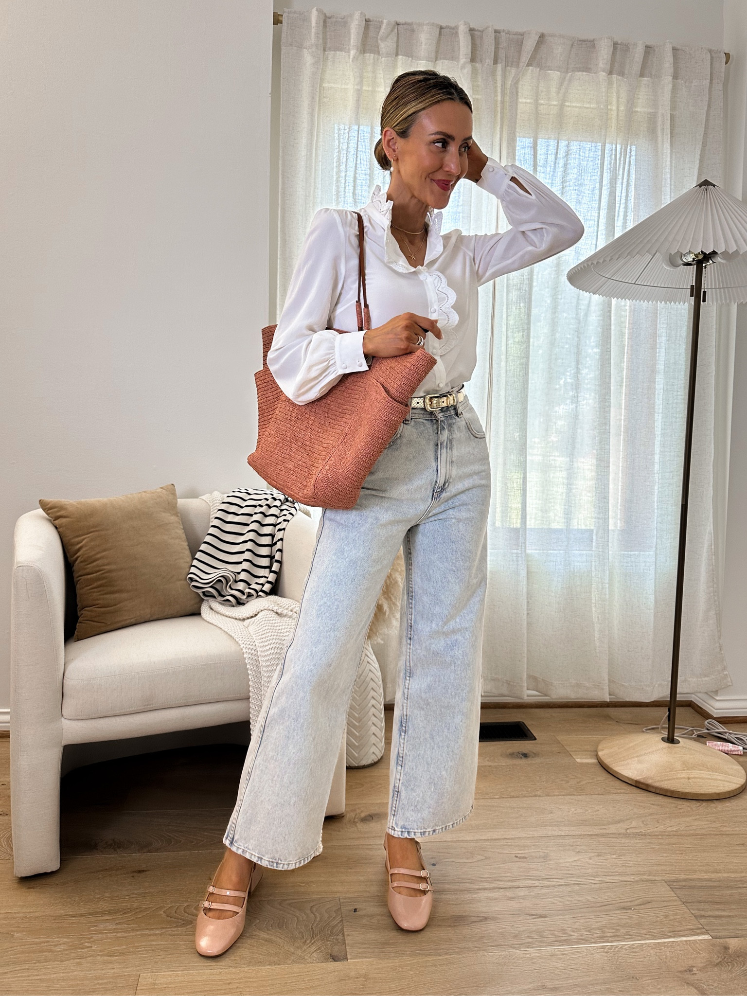 Sezane chlo shirt tts, scallop detail on the neckline and front opening, so delicate and sweet. Le crop jeans is high waisted, size 4. Wide leg. Paula baby ballerinas w low heel, large straw bag and gold belt 

#LTKshoecrush #LTKstyletip #LTKitbag