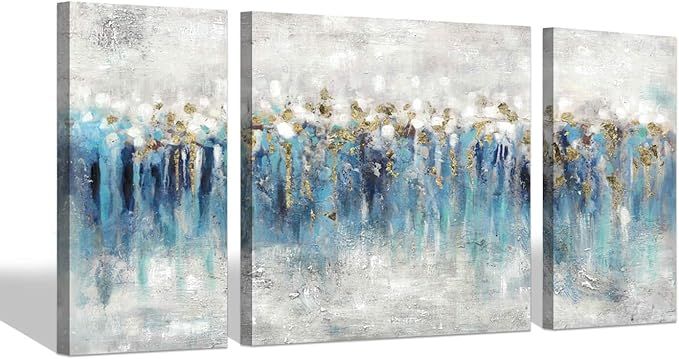 Blue and Gray Abstract Wall Art Canvas Painting: Blue and Gray Picture Gold Foil Artwork for The ... | Amazon (US)