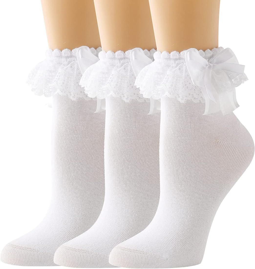 AMHRLINGTO Lace Ruffle Frilly Socks for Women - Lace Ankle Socks with Bow | Amazon (US)